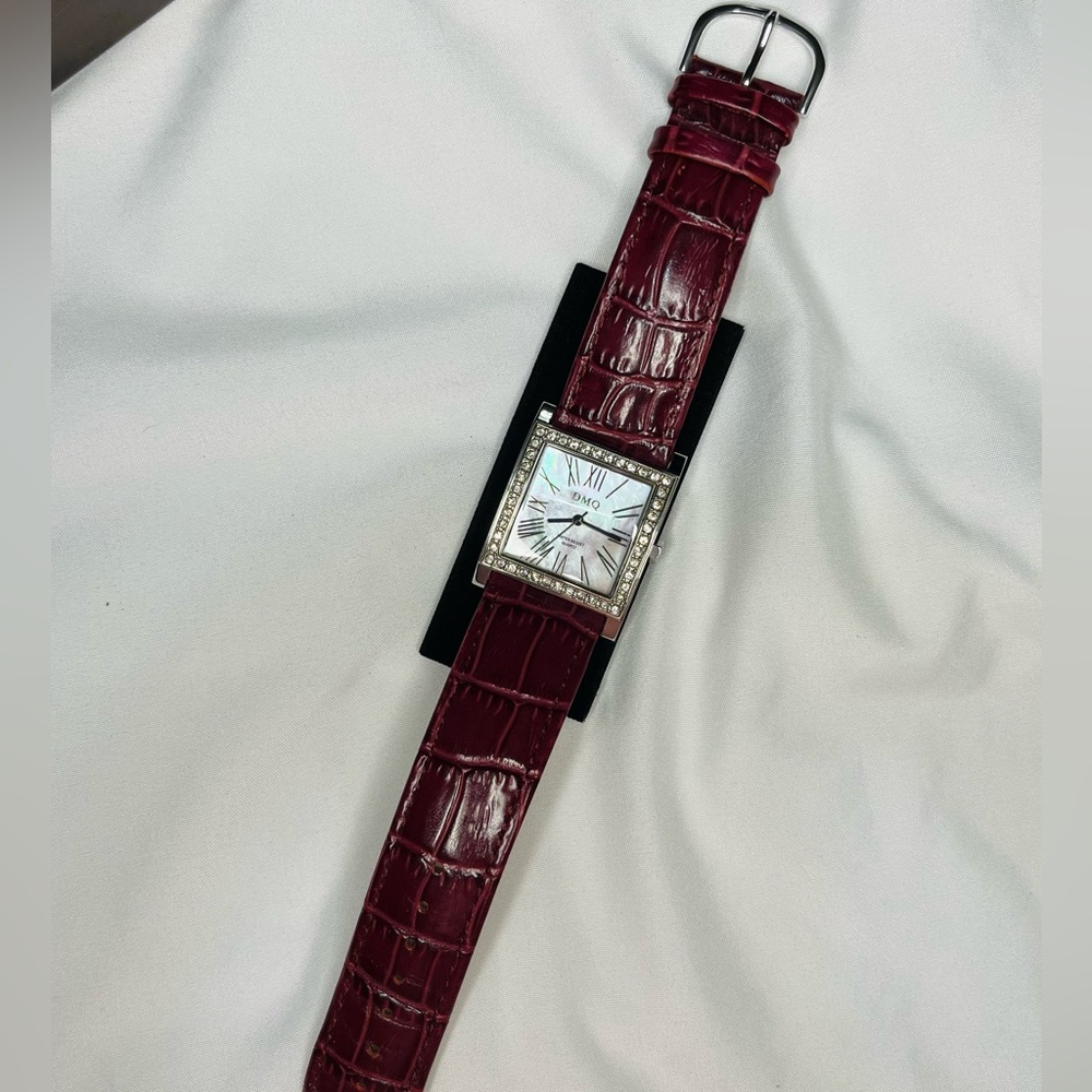 Diamonique DMQ Square Face Crystal Bezel Watch Burgundy Croc Band